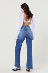 HIGH RISE WIDE LEG W DISTRESSED HEM DETAIL