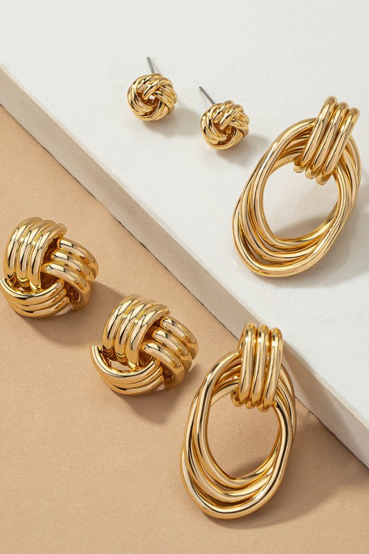 Premium trio metal knot and hoop earrings