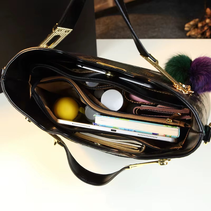 Luxury Cowhide Leather Women Handbags Fashion Female Chain Serpentine Portable Tote Bag Ladies Tassel Shoulder Messenger Bags