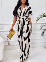 SOLERSUN Allover Print Batwing Sleeve Belted Jumpsuit