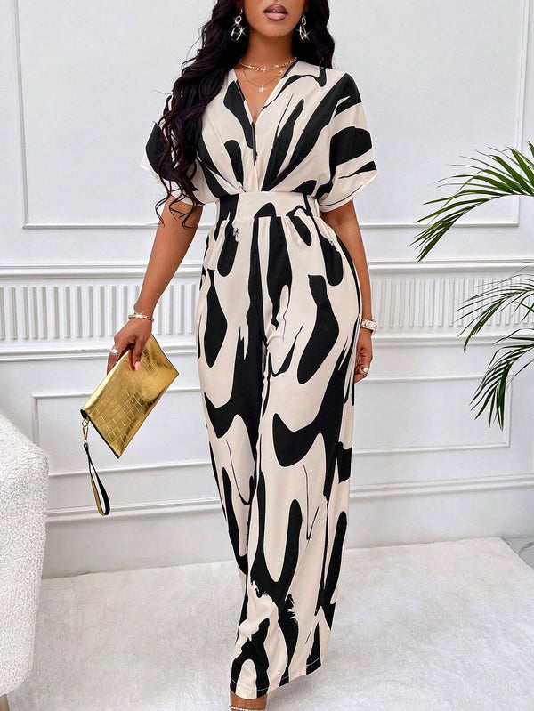 SOLERSUN Allover Print Batwing Sleeve Belted Jumpsuit