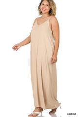 PLUS V-NECK CAMI MAXI DRESS WITH SIDE POCKETS