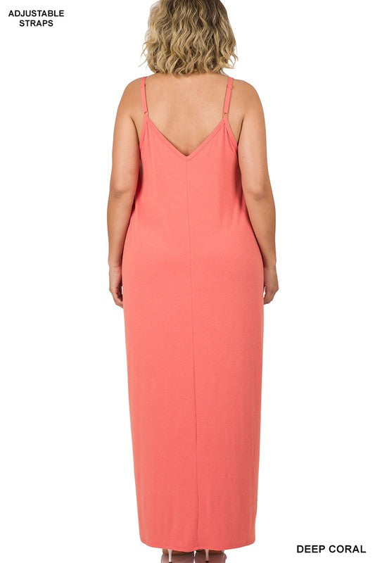 PLUS V-NECK CAMI MAXI DRESS WITH SIDE POCKETS