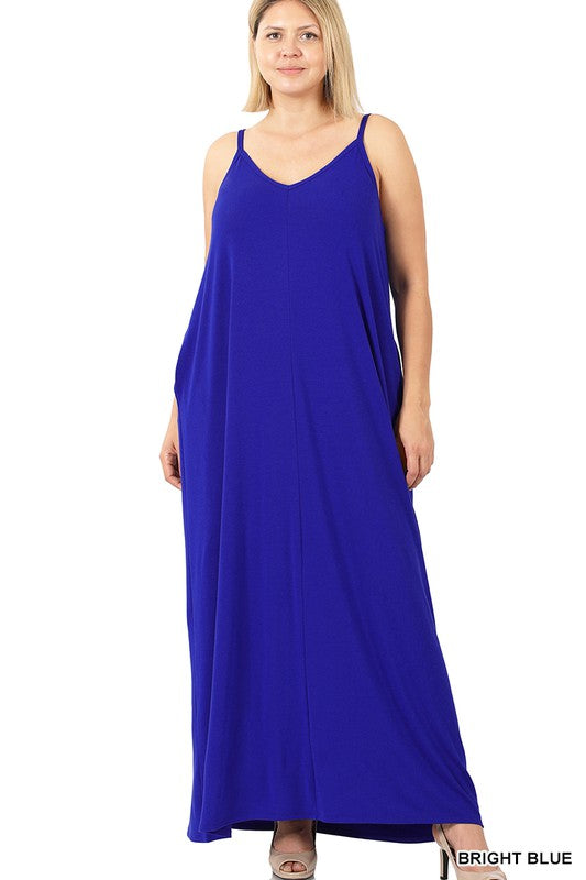 PLUS V-NECK CAMI MAXI DRESS WITH SIDE POCKETS