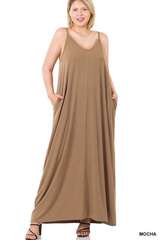 PLUS V-NECK CAMI MAXI DRESS WITH SIDE POCKETS