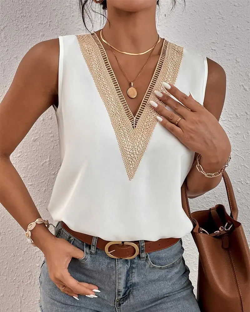 Sleeveless V-Neck Lace Patchwork Blouse