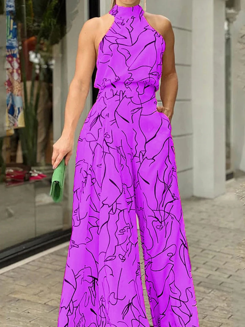 Women'S Elegant Waist Halter Jumpsuit Casual Print Tie Sleeveless Wide Leg Long Pant Summer Clothing